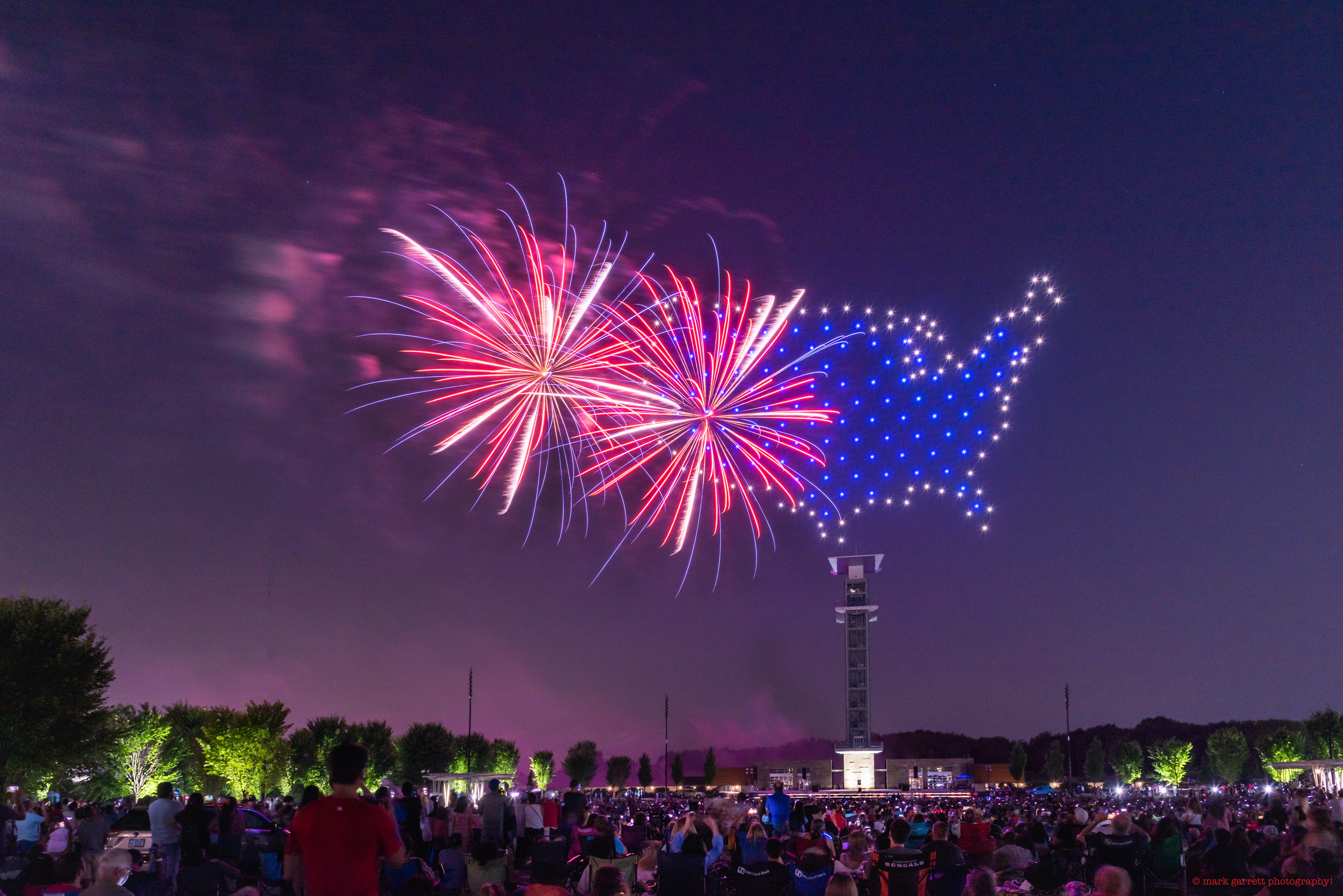 patriotic drone show with fireworks